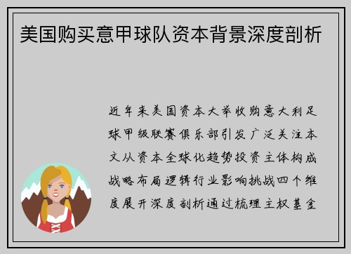 美国购买意甲球队资本背景深度剖析